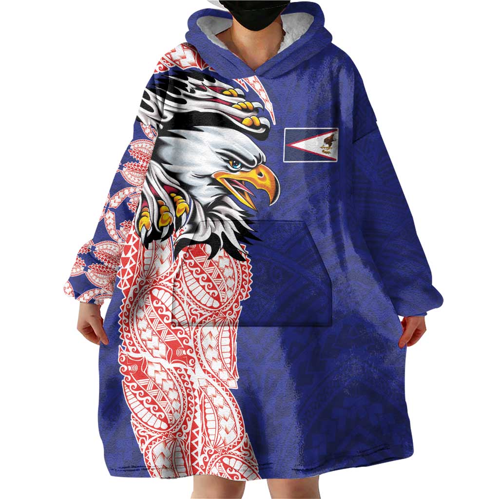 American Samoa Flag Day Wearable Blanket Hoodie Tribal Tattoo with Eagle Blue-Red LT03 - Polynesian Pride