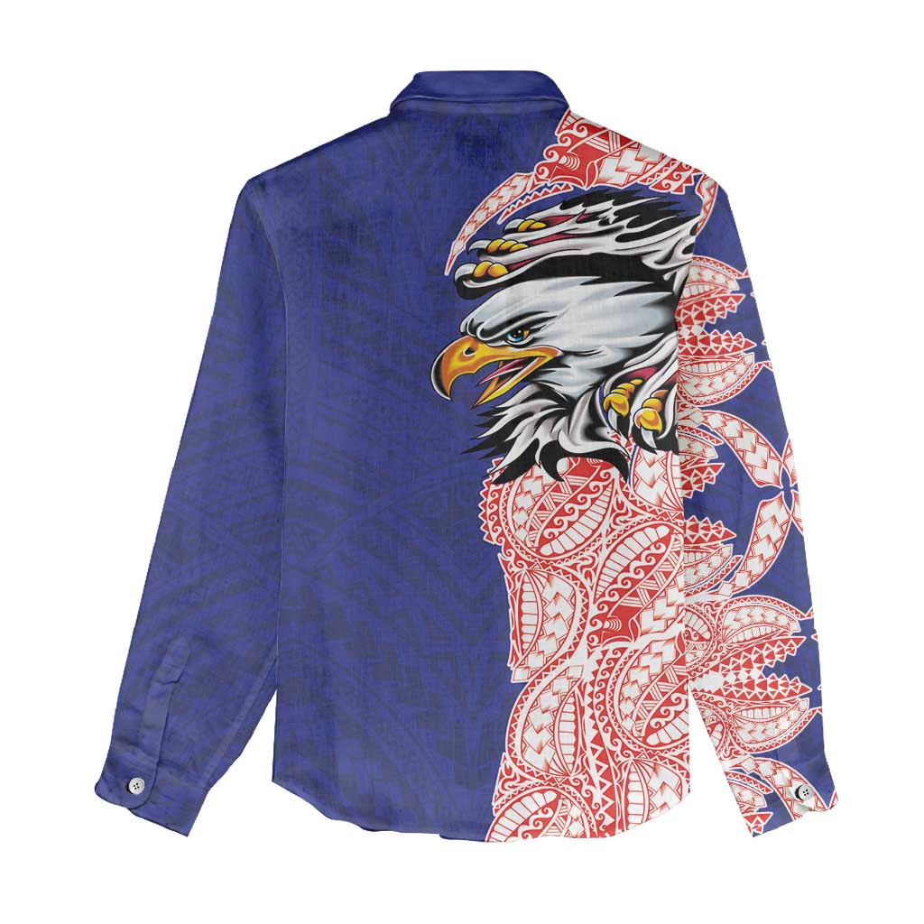 American Samoa Flag Day Women Casual Shirt Tribal Tattoo with Eagle Blue-Red LT03 - Polynesian Pride
