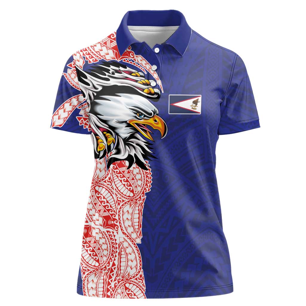 American Samoa Flag Day Women Polo Shirt Tribal Tattoo with Eagle Blue-Red LT03 Female Blue - Polynesian Pride