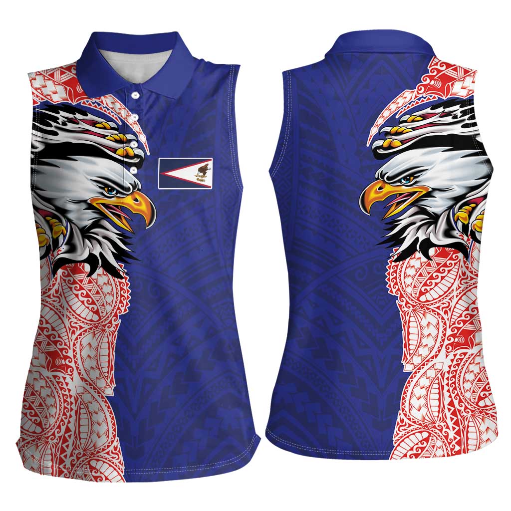 American Samoa Flag Day Women Sleeveless Polo Shirt Tribal Tattoo with Eagle Blue-Red LT03 - Polynesian Pride