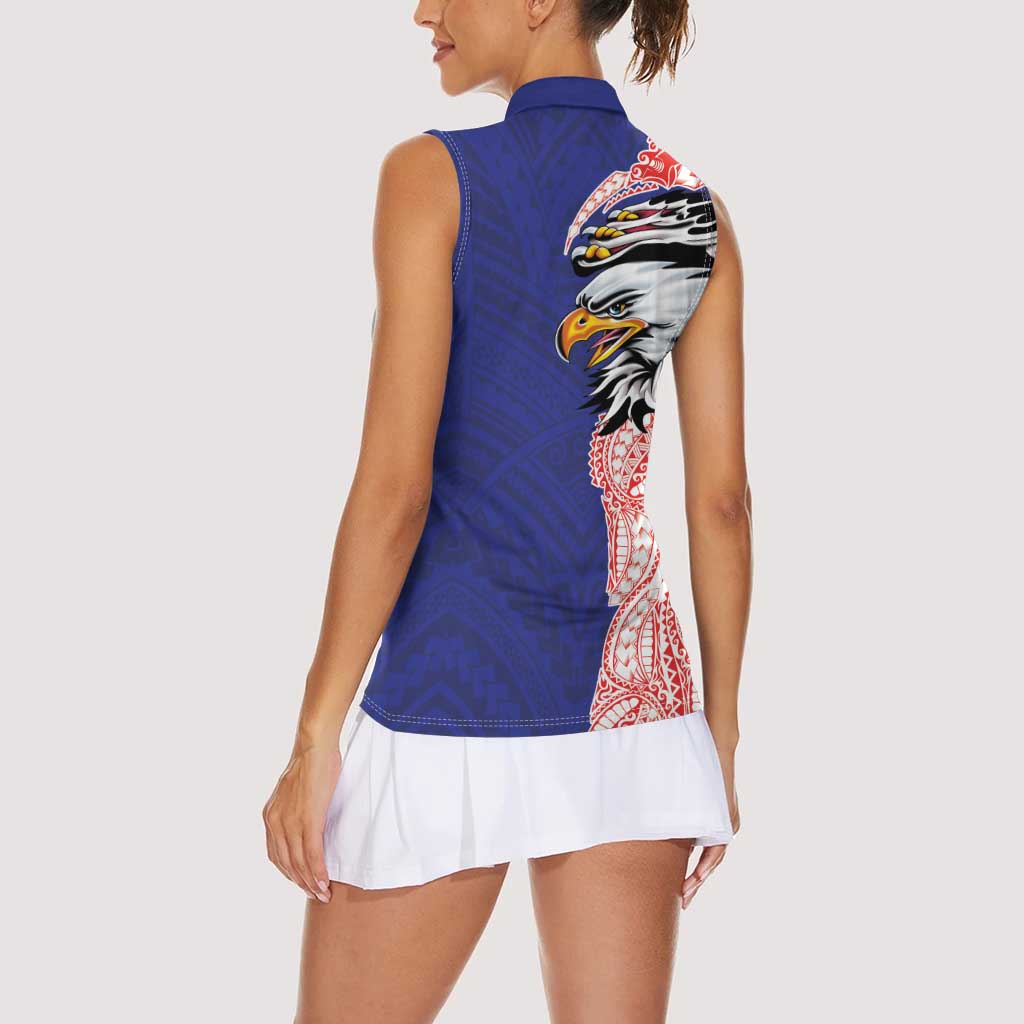 American Samoa Flag Day Women Sleeveless Polo Shirt Tribal Tattoo with Eagle Blue-Red LT03 - Polynesian Pride