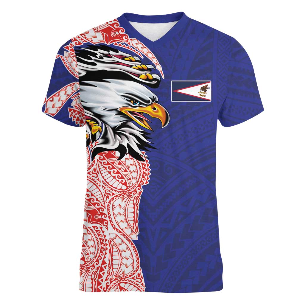 American Samoa Flag Day Women V-Neck T-Shirt Tribal Tattoo with Eagle Blue-Red LT03 Female Blue - Polynesian Pride