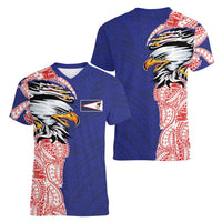 American Samoa Flag Day Women V-Neck T-Shirt Tribal Tattoo with Eagle Blue-Red