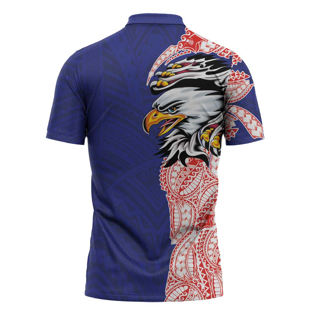 American Samoa Flag Day Zipper Polo Shirt Tribal Tattoo with Eagle Blue-Red LT03 - Polynesian Pride