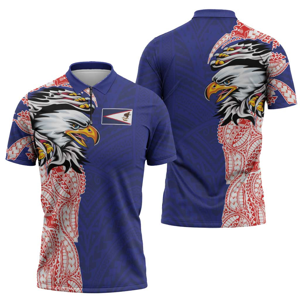 American Samoa Flag Day Zipper Polo Shirt Tribal Tattoo with Eagle Blue-Red LT03 - Polynesian Pride