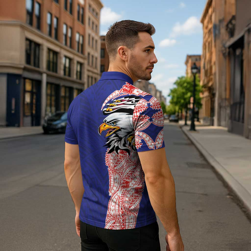 American Samoa Flag Day Zipper Polo Shirt Tribal Tattoo with Eagle Blue-Red LT03 - Polynesian Pride