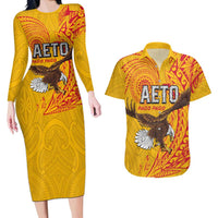 Personalised American Samoa Flag Day Couples Matching Long Sleeve Bodycon Dress and Hawaiian Shirt Fautasi Race Pago Pago-Aeto Eagle Wings Tribal Style