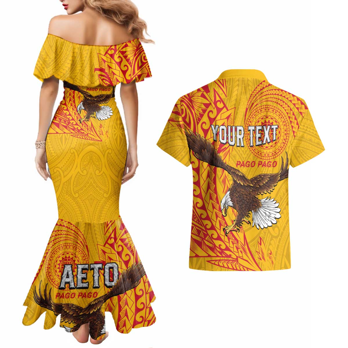 Personalised American Samoa Flag Day Couples Matching Mermaid Dress and Hawaiian Shirt Fautasi Race Pago Pago-Aeto Eagle Wings Tribal Style