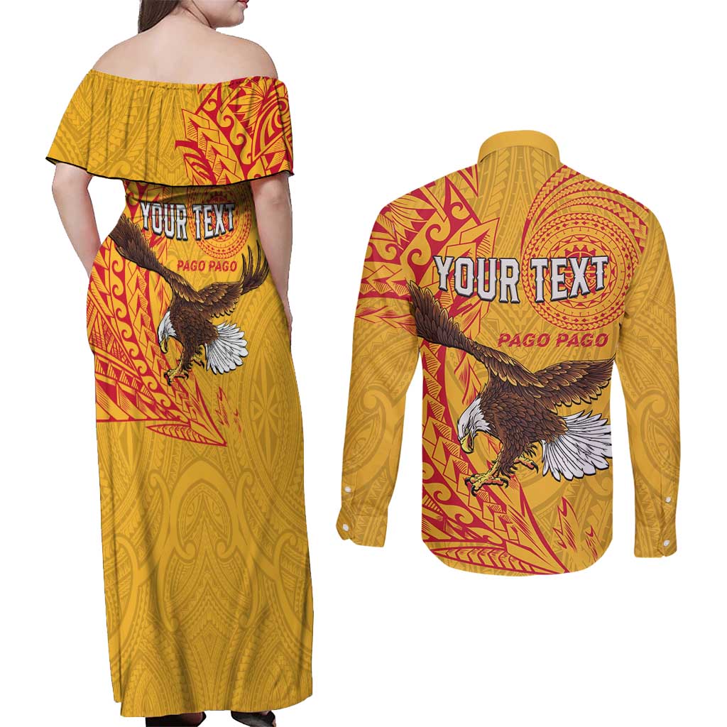 Personalised American Samoa Flag Day Couples Matching Off Shoulder Maxi Dress and Long Sleeve Button Shirt Fautasi Race Pago Pago-Aeto Eagle Wings Tribal Style