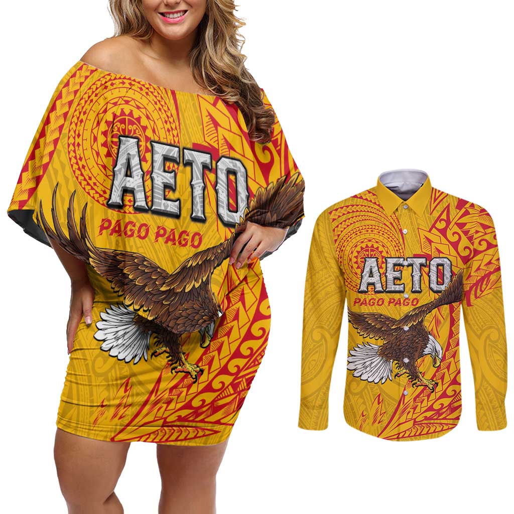 Personalised American Samoa Flag Day Couples Matching Off Shoulder Short Dress and Long Sleeve Button Shirt Fautasi Race Pago Pago-Aeto Eagle Wings Tribal Style LT03 Multicolor - Polynesian Pride