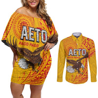 Personalised American Samoa Flag Day Couples Matching Off Shoulder Short Dress and Long Sleeve Button Shirt Fautasi Race Pago Pago-Aeto Eagle Wings Tribal Style