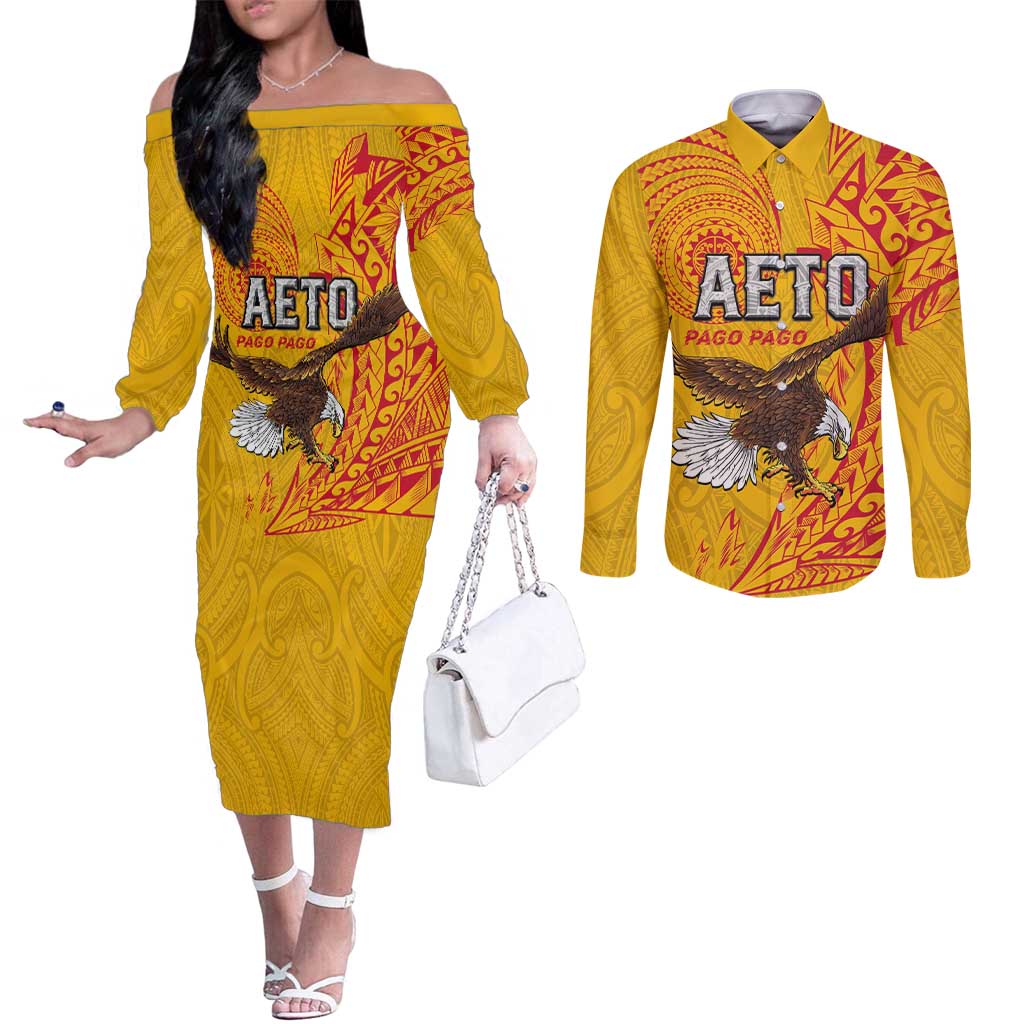 Personalised American Samoa Flag Day Couples Matching Off The Shoulder Long Sleeve Dress and Long Sleeve Button Shirt Fautasi Race Pago Pago-Aeto Eagle Wings Tribal Style LT03 Multicolor - Polynesian Pride