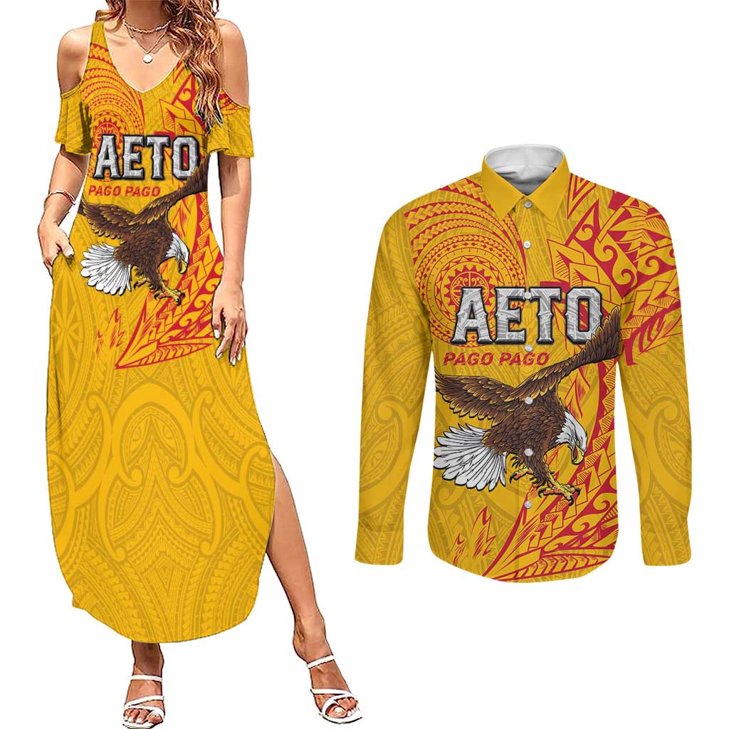Personalised American Samoa Flag Day Couples Matching Summer Maxi Dress and Long Sleeve Button Shirt Fautasi Race Pago Pago-Aeto Eagle Wings Tribal Style