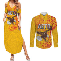 Personalised American Samoa Flag Day Couples Matching Summer Maxi Dress and Long Sleeve Button Shirt Fautasi Race Pago Pago-Aeto Eagle Wings Tribal Style