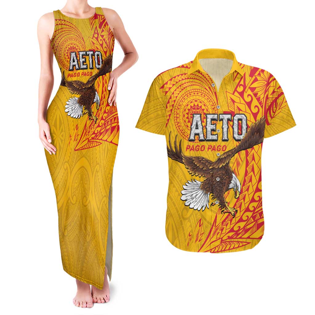 Personalised American Samoa Flag Day Couples Matching Tank Maxi Dress and Hawaiian Shirt Fautasi Race Pago Pago-Aeto Eagle Wings Tribal Style LT03 Multicolor - Polynesian Pride