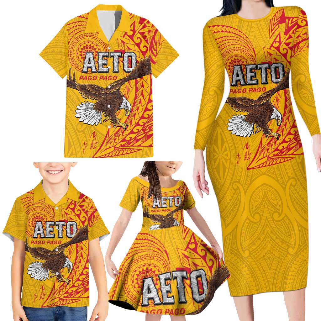 Personalised American Samoa Flag Day Family Matching Long Sleeve Bodycon Dress and Hawaiian Shirt Fautasi Race Pago Pago-Aeto Eagle Wings Tribal Style LT03 - Polynesian Pride