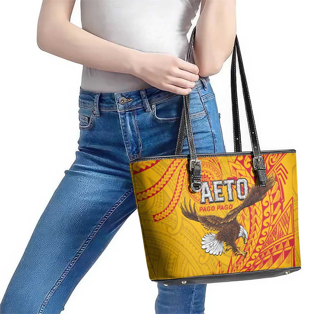 American Samoa Flag Day Leather Tote Bag Fautasi Race Pago Pago-Aeto Eagle Wings Tribal Style