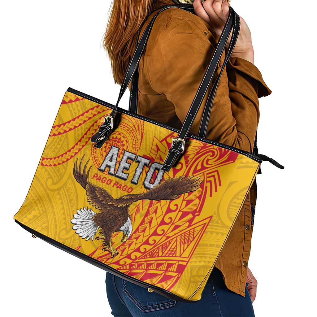 American Samoa Flag Day Leather Tote Bag Fautasi Race Pago Pago-Aeto Eagle Wings Tribal Style