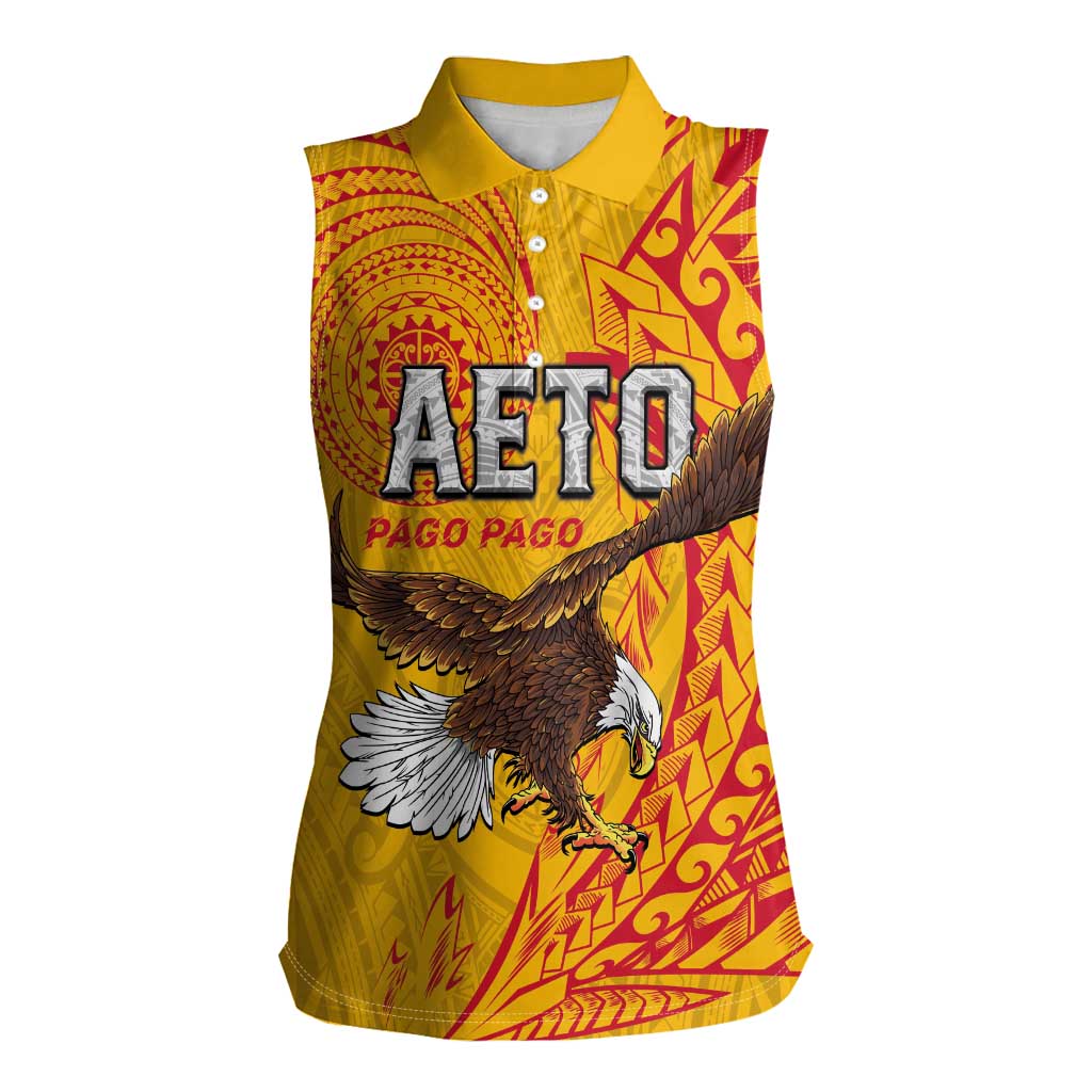 Personalised American Samoa Flag Day Women Sleeveless Polo Shirt Fautasi Race Pago Pago-Aeto Eagle Wings Tribal Style