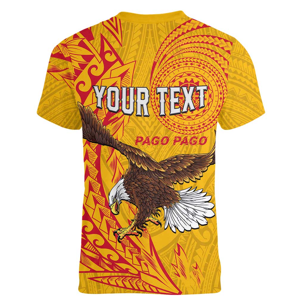 Personalised American Samoa Flag Day Women V-Neck T-Shirt Fautasi Race Pago Pago-Aeto Eagle Wings Tribal Style