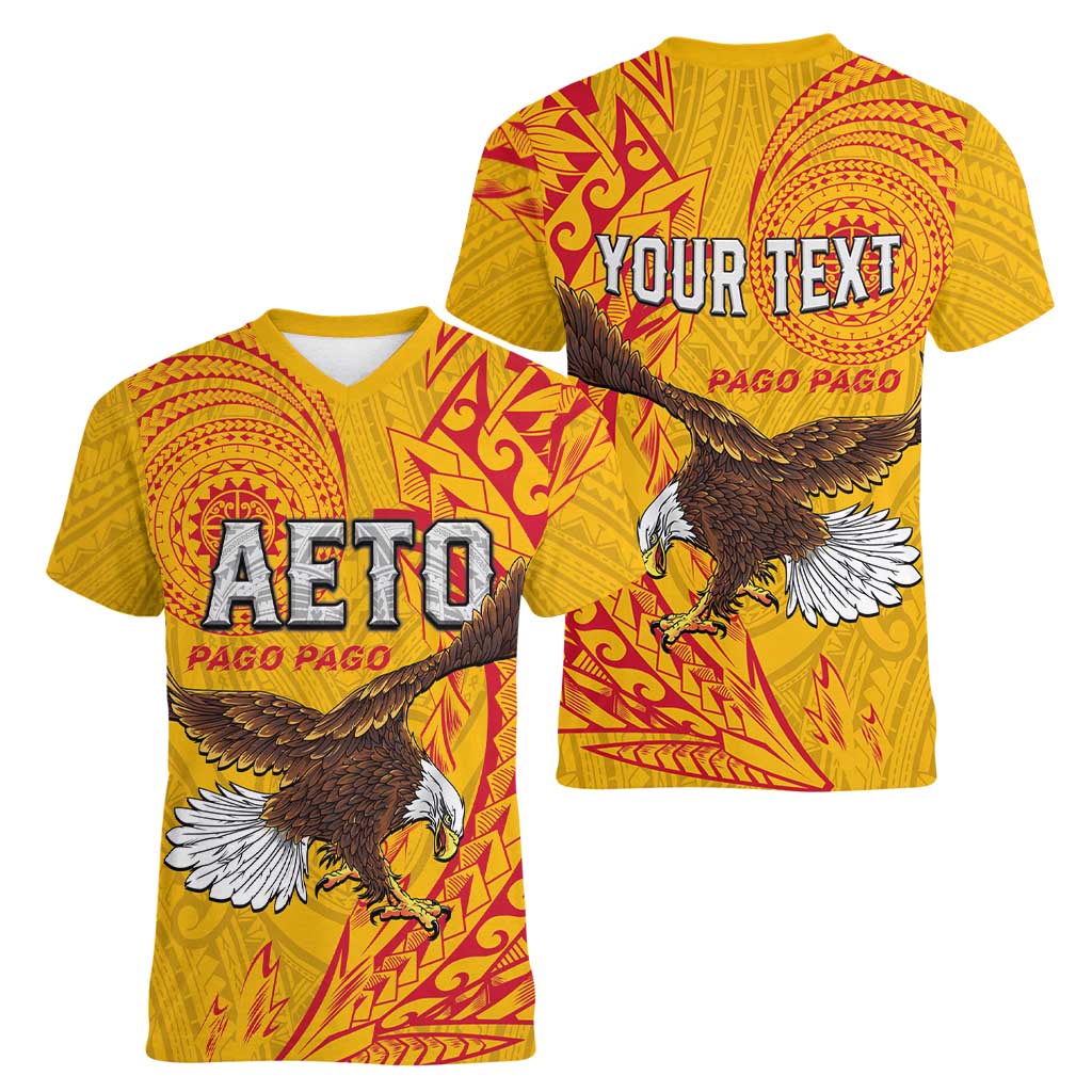 Personalised American Samoa Flag Day Women V-Neck T-Shirt Fautasi Race Pago Pago-Aeto Eagle Wings Tribal Style