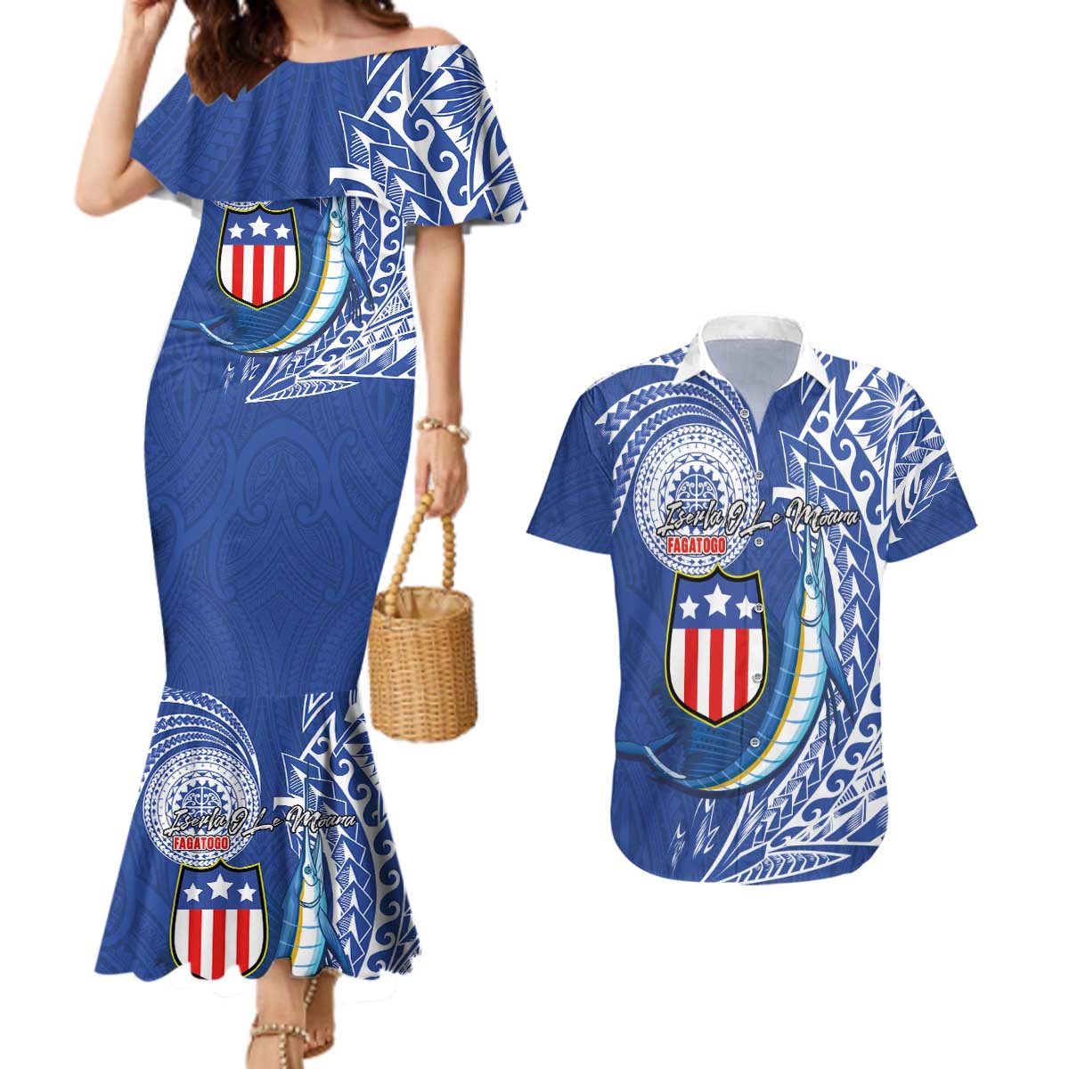 Personalised American Samoa Flag Day Couples Matching Mermaid Dress and Hawaiian Shirt Fautasi Race Fagatogo-Iseula O Le Moana Sailfish Tribal Style