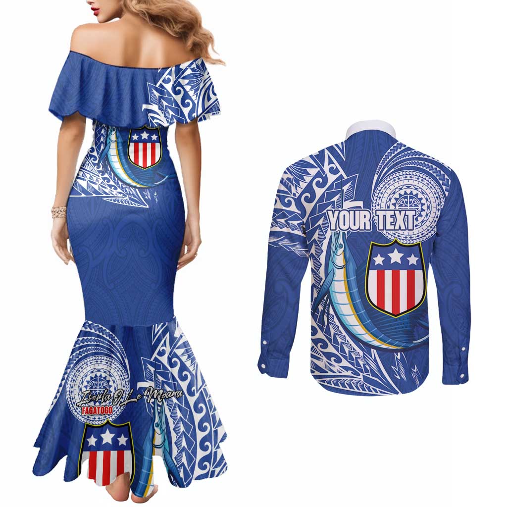 Personalised American Samoa Flag Day Couples Matching Mermaid Dress and Long Sleeve Button Shirt Fautasi Race Fagatogo-Iseula O Le Moana Sailfish Tribal Style