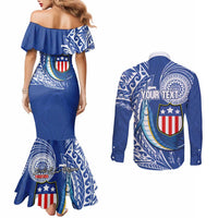 Personalised American Samoa Flag Day Couples Matching Mermaid Dress and Long Sleeve Button Shirt Fautasi Race Fagatogo-Iseula O Le Moana Sailfish Tribal Style