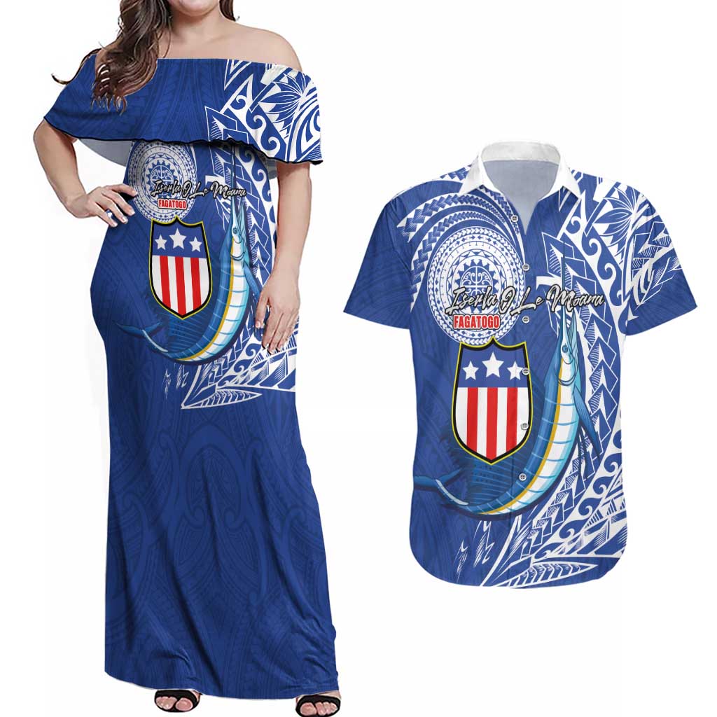 Personalised American Samoa Flag Day Couples Matching Off Shoulder Maxi Dress and Hawaiian Shirt Fautasi Race Fagatogo-Iseula O Le Moana Sailfish Tribal Style LT03 Multicolor - Polynesian Pride