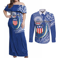 Personalised American Samoa Flag Day Couples Matching Off Shoulder Maxi Dress and Long Sleeve Button Shirt Fautasi Race Fagatogo-Iseula O Le Moana Sailfish Tribal Style
