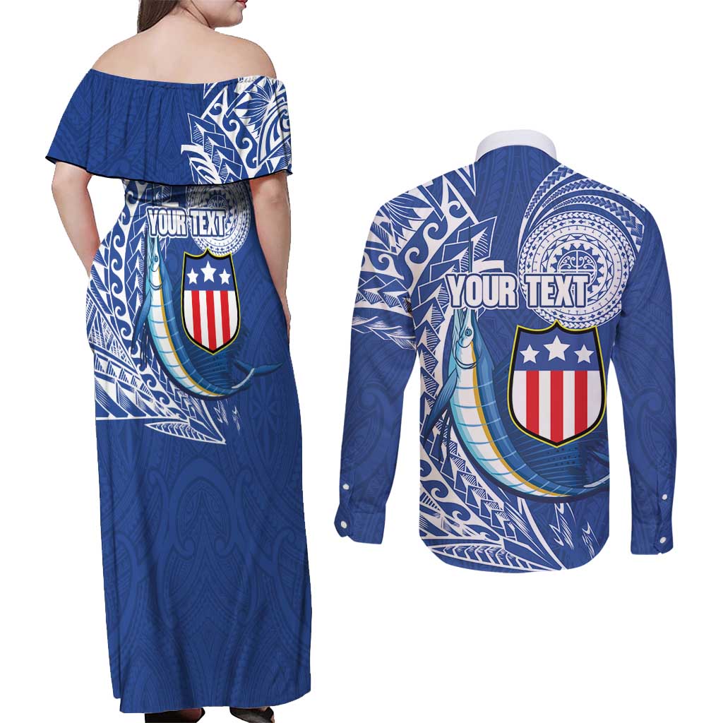 Personalised American Samoa Flag Day Couples Matching Off Shoulder Maxi Dress and Long Sleeve Button Shirt Fautasi Race Fagatogo-Iseula O Le Moana Sailfish Tribal Style