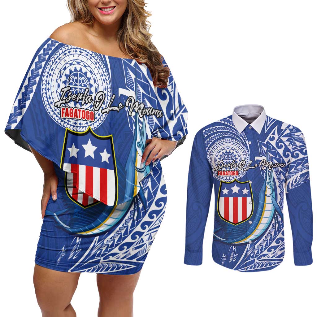 Personalised American Samoa Flag Day Couples Matching Off Shoulder Short Dress and Long Sleeve Button Shirt Fautasi Race Fagatogo-Iseula O Le Moana Sailfish Tribal Style