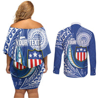 Personalised American Samoa Flag Day Couples Matching Off Shoulder Short Dress and Long Sleeve Button Shirt Fautasi Race Fagatogo-Iseula O Le Moana Sailfish Tribal Style