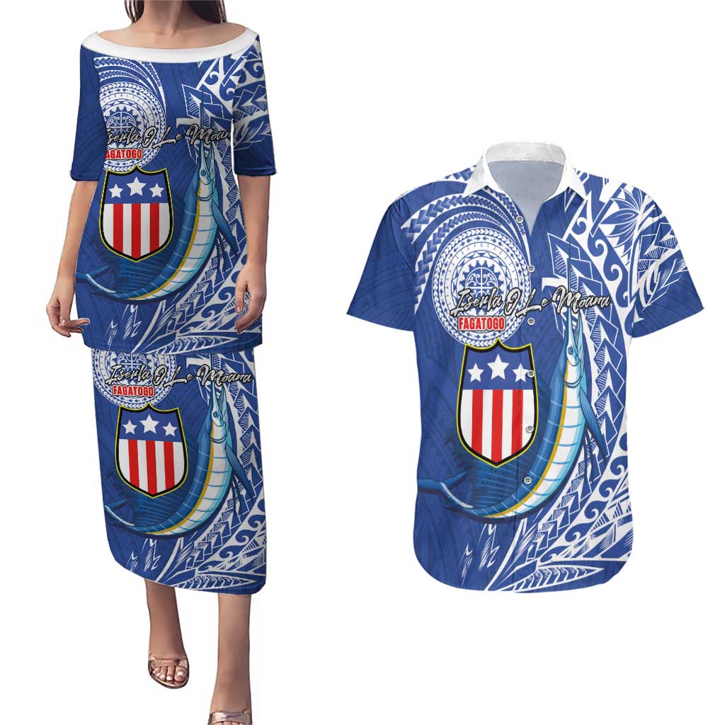 Personalised American Samoa Flag Day Couples Matching Puletasi and Hawaiian Shirt Fautasi Race Fagatogo-Iseula O Le Moana Sailfish Tribal Style