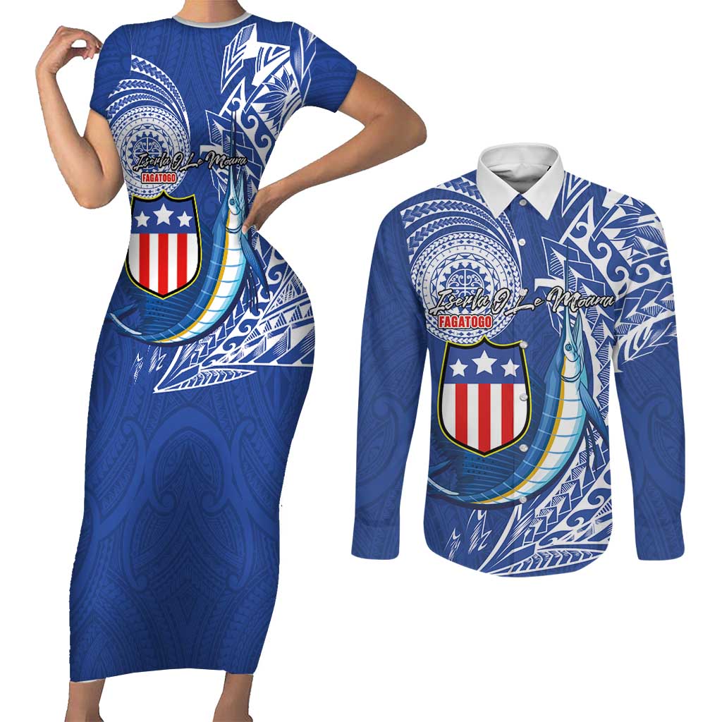 Personalised American Samoa Flag Day Couples Matching Short Sleeve Bodycon Dress and Long Sleeve Button Shirt Fautasi Race Fagatogo-Iseula O Le Moana Sailfish Tribal Style LT03 Multicolor - Polynesian Pride