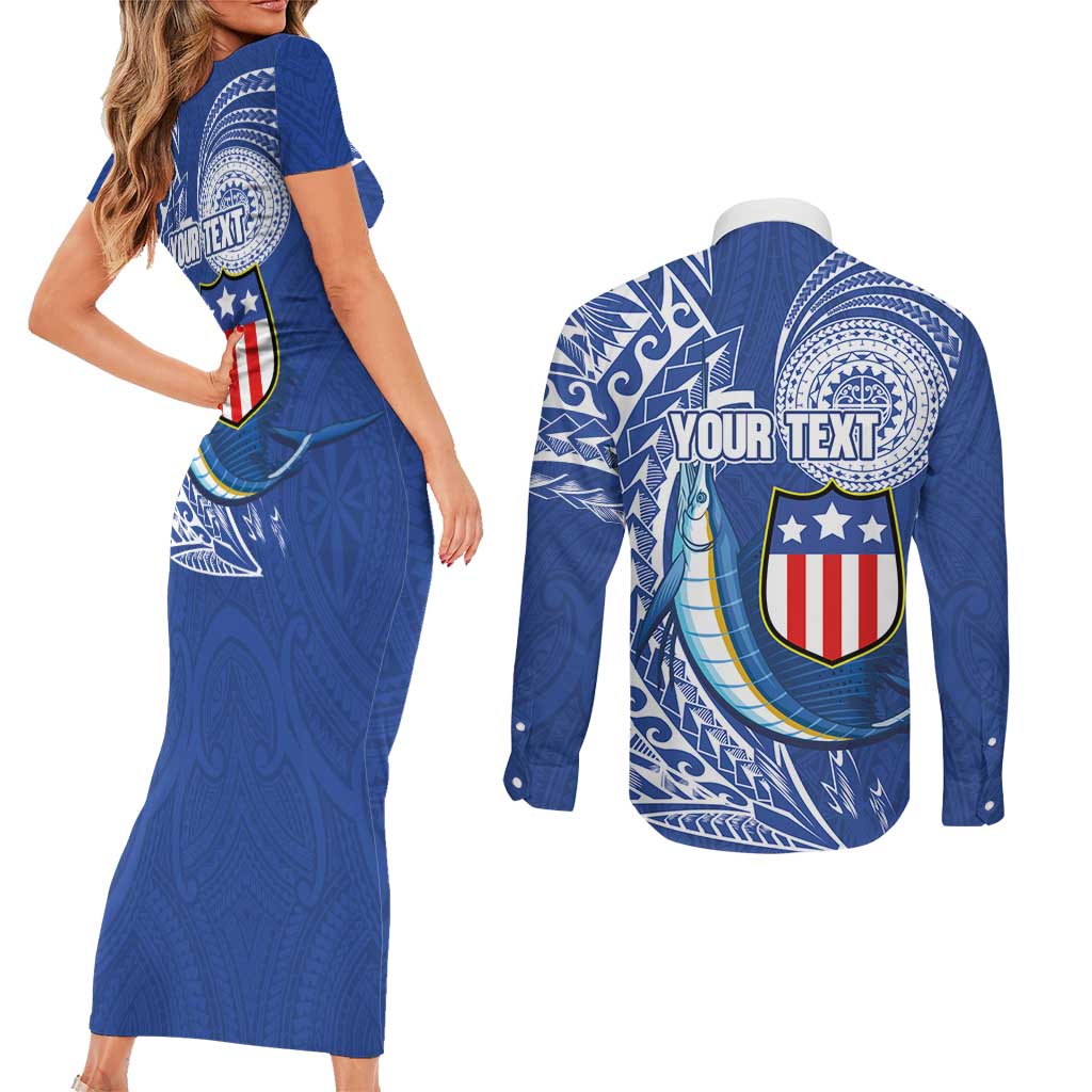 Personalised American Samoa Flag Day Couples Matching Short Sleeve Bodycon Dress and Long Sleeve Button Shirt Fautasi Race Fagatogo-Iseula O Le Moana Sailfish Tribal Style