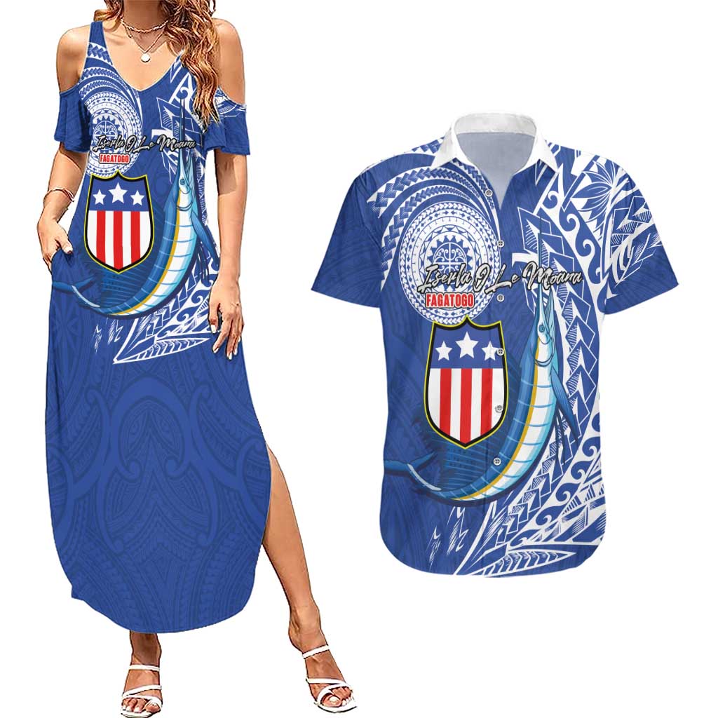 Personalised American Samoa Flag Day Couples Matching Summer Maxi Dress and Hawaiian Shirt Fautasi Race Fagatogo-Iseula O Le Moana Sailfish Tribal Style LT03 Multicolor - Polynesian Pride