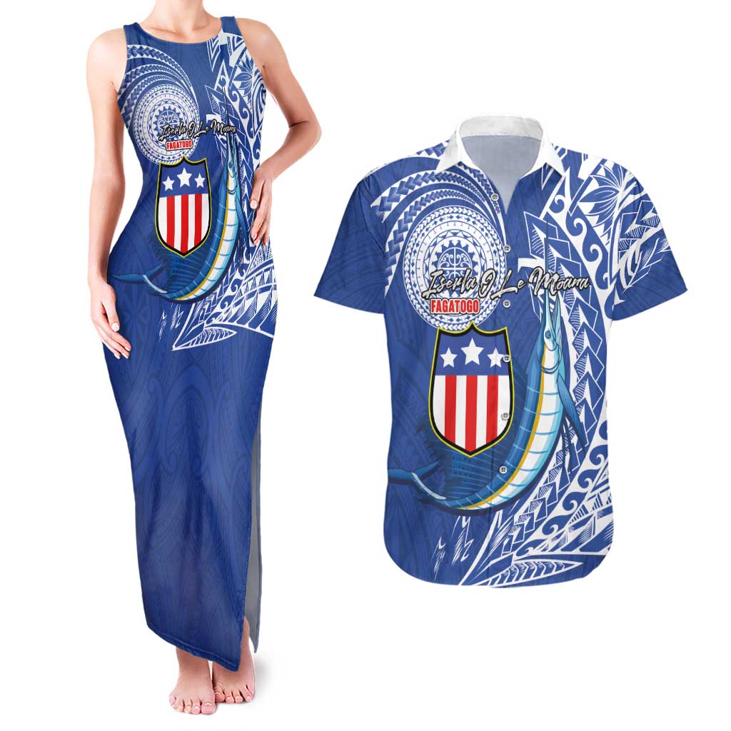 Personalised American Samoa Flag Day Couples Matching Tank Maxi Dress and Hawaiian Shirt Fautasi Race Fagatogo-Iseula O Le Moana Sailfish Tribal Style LT03 Multicolor - Polynesian Pride