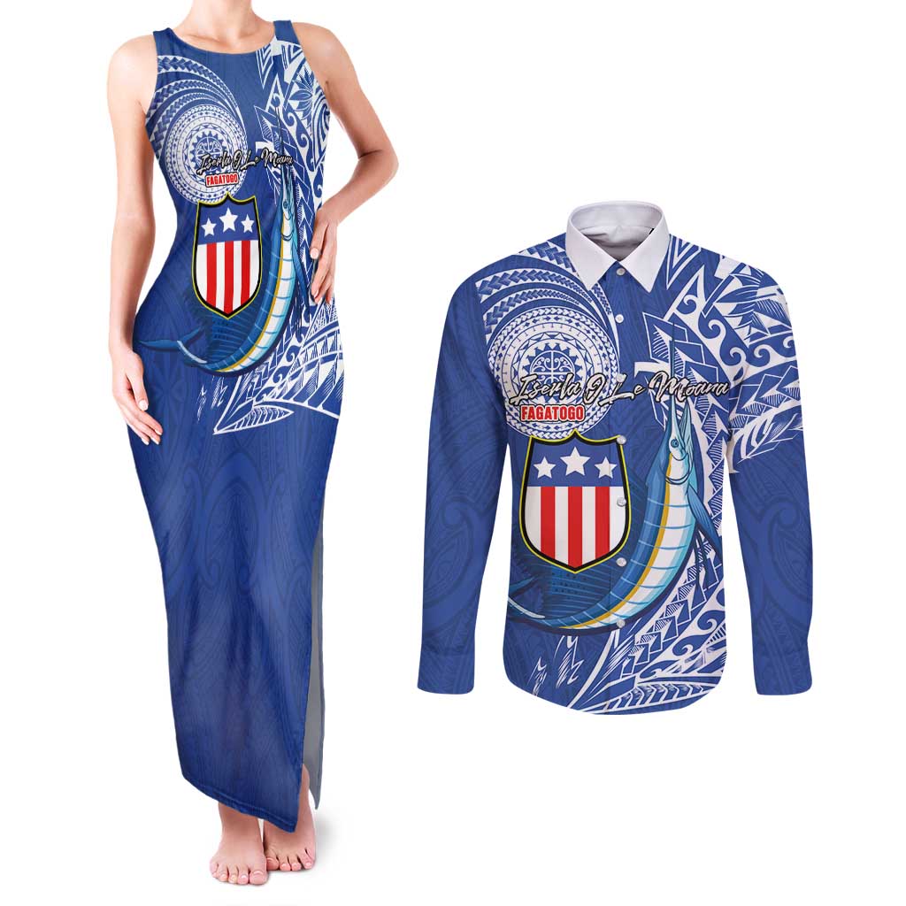 Personalised American Samoa Flag Day Couples Matching Tank Maxi Dress and Long Sleeve Button Shirt Fautasi Race Fagatogo-Iseula O Le Moana Sailfish Tribal Style