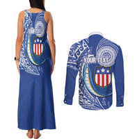 Personalised American Samoa Flag Day Couples Matching Tank Maxi Dress and Long Sleeve Button Shirt Fautasi Race Fagatogo-Iseula O Le Moana Sailfish Tribal Style