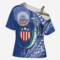 Personalised American Samoa Flag Day Cross Shoulder Shirt Fautasi Race Fagatogo-Iseula O Le Moana Sailfish Tribal Style