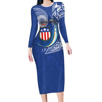 Personalised American Samoa Flag Day Family Matching Long Sleeve Bodycon Dress and Hawaiian Shirt Fautasi Race Fagatogo-Iseula O Le Moana Sailfish Tribal Style