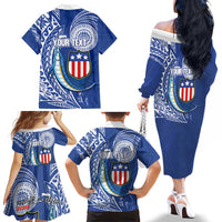 Personalised American Samoa Flag Day Family Matching Off The Shoulder Long Sleeve Dress and Hawaiian Shirt Fautasi Race Fagatogo-Iseula O Le Moana Sailfish Tribal Style