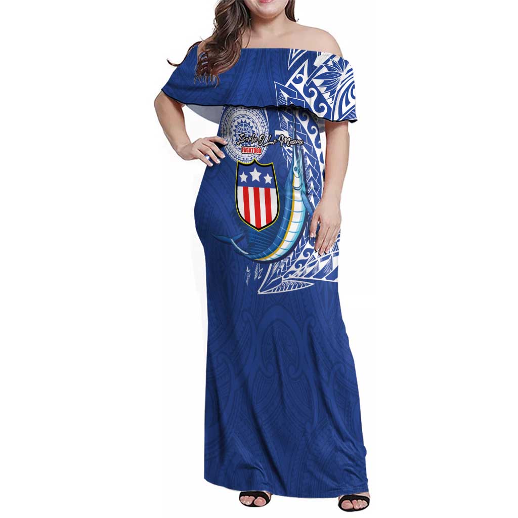 Personalised American Samoa Flag Day Family Matching Off Shoulder Maxi Dress and Hawaiian Shirt Fautasi Race Fagatogo-Iseula O Le Moana Sailfish Tribal Style