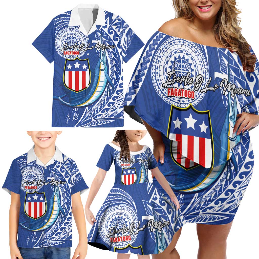Personalised American Samoa Flag Day Family Matching Off Shoulder Short Dress and Hawaiian Shirt Fautasi Race Fagatogo-Iseula O Le Moana Sailfish Tribal Style LT03 - Polynesian Pride