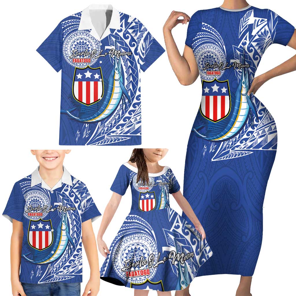 Personalised American Samoa Flag Day Family Matching Short Sleeve Bodycon Dress and Hawaiian Shirt Fautasi Race Fagatogo-Iseula O Le Moana Sailfish Tribal Style LT03 - Polynesian Pride