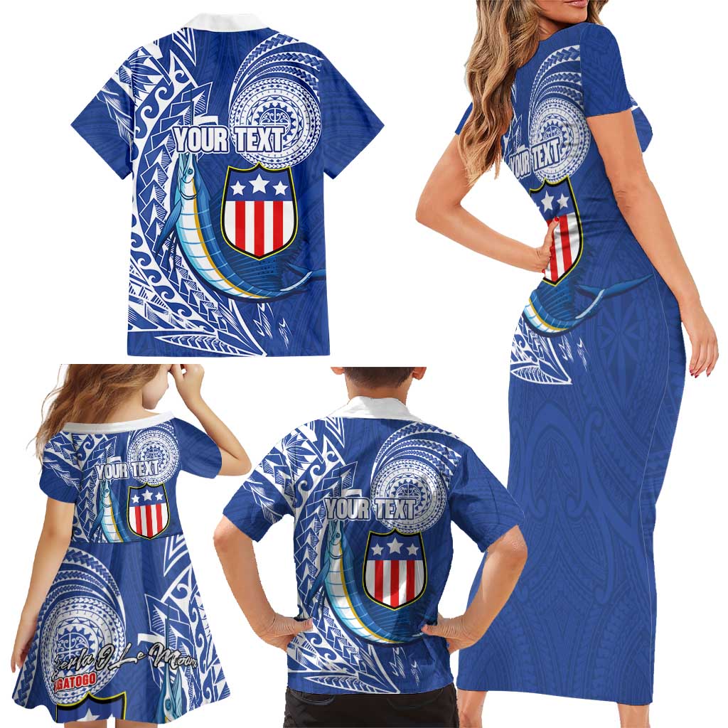 Personalised American Samoa Flag Day Family Matching Short Sleeve Bodycon Dress and Hawaiian Shirt Fautasi Race Fagatogo-Iseula O Le Moana Sailfish Tribal Style