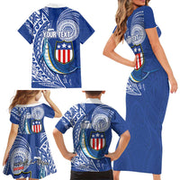 Personalised American Samoa Flag Day Family Matching Short Sleeve Bodycon Dress and Hawaiian Shirt Fautasi Race Fagatogo-Iseula O Le Moana Sailfish Tribal Style
