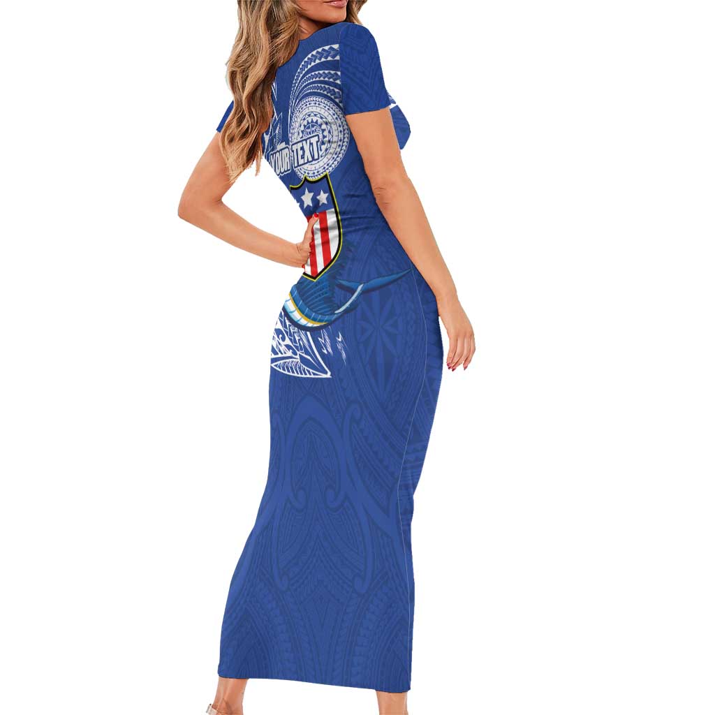 Personalised American Samoa Flag Day Family Matching Short Sleeve Bodycon Dress and Hawaiian Shirt Fautasi Race Fagatogo-Iseula O Le Moana Sailfish Tribal Style