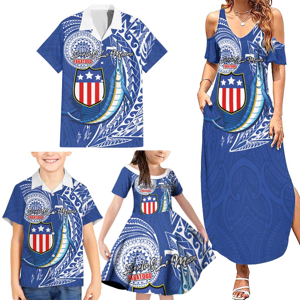 Personalised American Samoa Flag Day Family Matching Summer Maxi Dress and Hawaiian Shirt Fautasi Race Fagatogo-Iseula O Le Moana Sailfish Tribal Style LT03 - Polynesian Pride